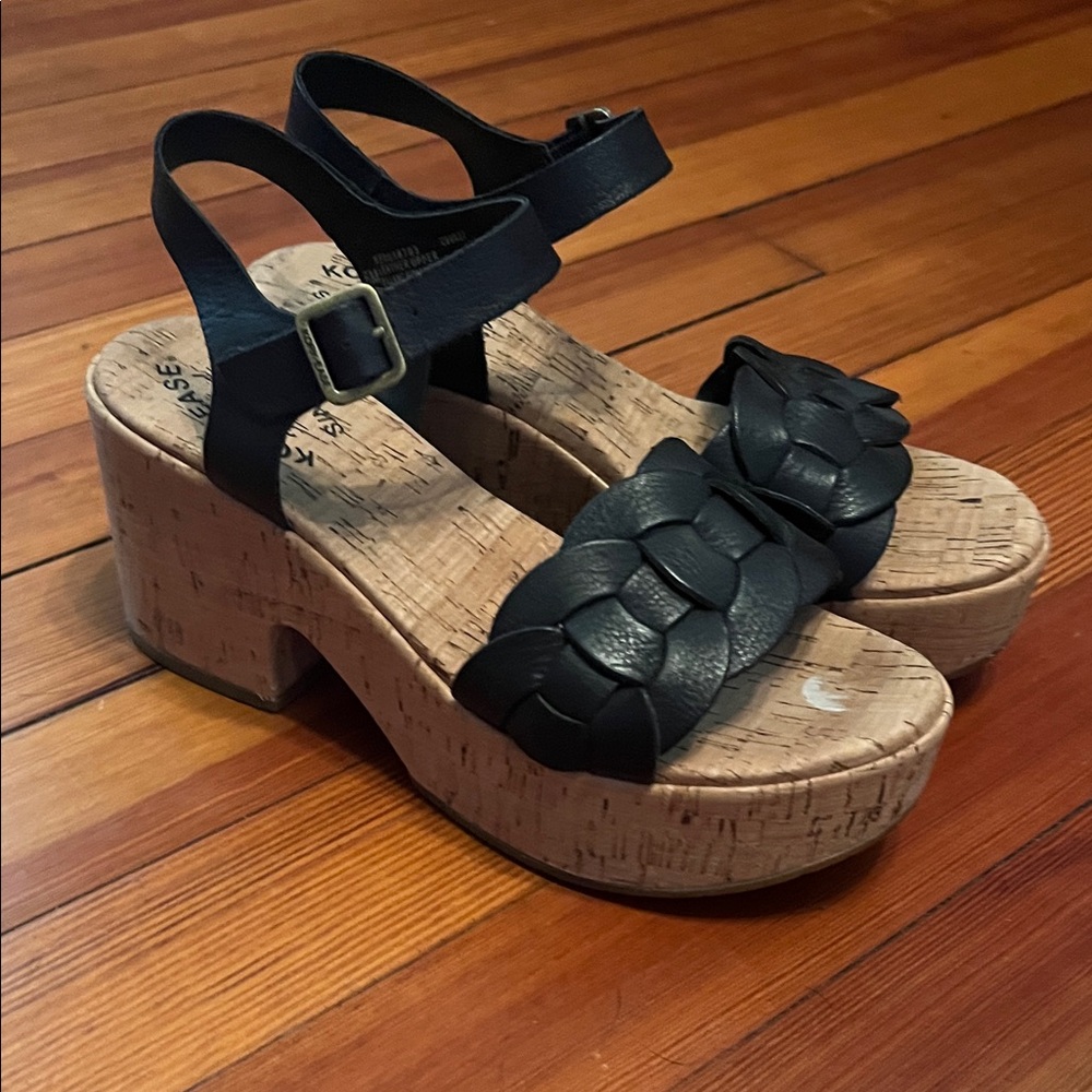 Kork-Ease Black Woven Leather Platform Sandals with Cork Heel